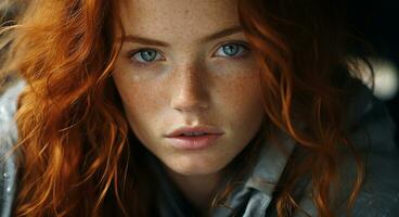 A beautiful young woman with red hair looking confidently at camera generated by AI photo