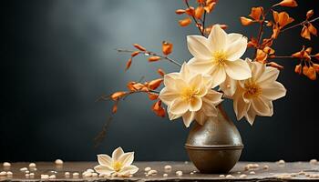 un hermosa ramo de flores de Fresco flores en un rústico de madera mesa generado por ai foto