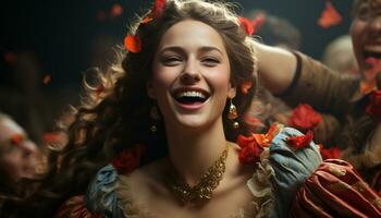 Smiling women celebrate, young adults enjoy nightlife, beauty in elegance generated by AI photo