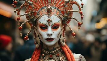 un hermosa mujer en tradicional ropa celebra indígena cultura generado por ai foto