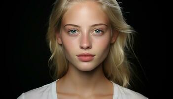 Beautiful blond haired woman with blue eyes looking confidently at the camera generated by AI photo