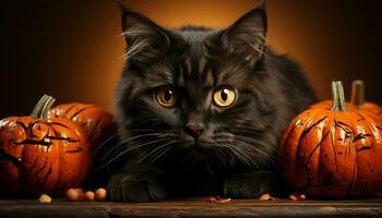 Cute kitten with pumpkin, celebrating spooky Halloween in autumn night generated by AI photo