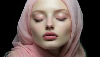 Beautiful young woman in a pink hijab, eyes closed, serene and elegant generated by AI photo