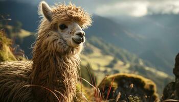 Alpaca grazing in the meadow, a cute portrait of nature generated by AI photo