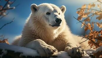 A cute Samoyed puppy sitting in the snowy arctic forest generated by AI photo