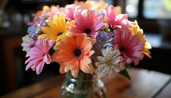 A beautiful bouquet of fresh flowers adorns the nature inspired table generated by AI photo