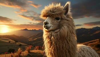 un mullido alpaca roza en el atardecer, un rural aventuras generado por ai foto