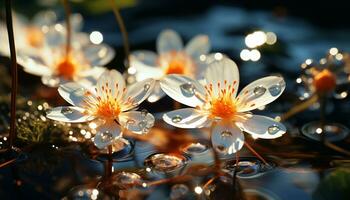 Vibrant yellow flower reflects in tranquil pond, showcasing nature beauty generated by AI photo