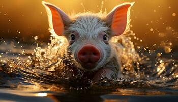 un linda cerdito jugando en el mojado césped a puesta de sol generado por ai foto