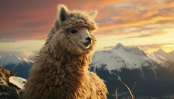 Alpaca grazes on mountain meadow, fluffy fur glistening in sunlight generated by AI photo