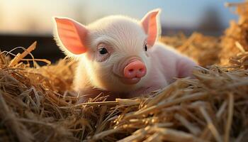 Cute piglet grazing on green meadow, surrounded by nature beauty generated by AI photo