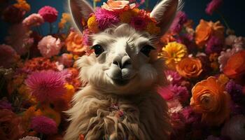 A cute fluffy alpaca with a pink crown in a field generated by AI photo