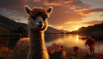 A cute alpaca smiles, looking at camera, in nature beauty generated by AI photo