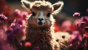 linda alpaca pasto en el prado, mirando a el cámara generado por ai foto