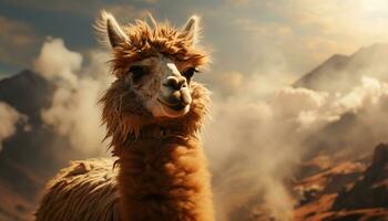 A fluffy alpaca smiles at the camera in the mountains generated by AI photo