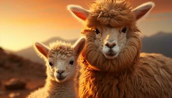 Cute alpaca in sunset meadow, looking at camera with innocence generated by AI photo