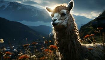 A cute alpaca grazes on a green mountain meadow generated by AI photo