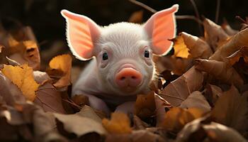 un linda cerdito en el otoño bosque, juguetón y adorable generado por ai foto