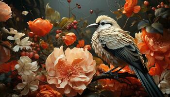 A vibrant, multi colored flower blossom perched on a small branch generated by AI photo