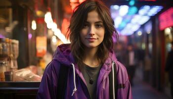 A confident young woman smiling, illuminated by street lights at night generated by AI photo