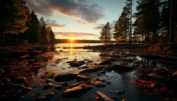 Tranquil scene sunset over water, reflecting autumn beauty in nature generated by AI photo