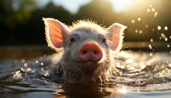 A cute piglet swimming in a pool, enjoying the summer sun generated by AI photo