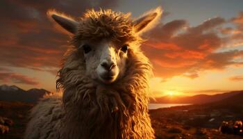 A fluffy alpaca grazes in the meadow, bathed in sunlight generated by AI photo