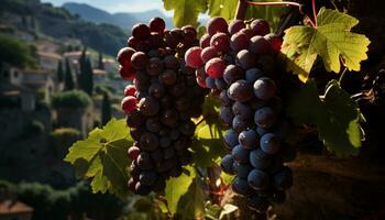 Ripe grape bunches in vineyard, nature colorful autumn harvest generated by AI photo