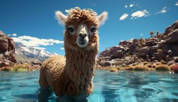 Cute alpaca looking at camera in beautiful rural mountain landscape generated by AI photo