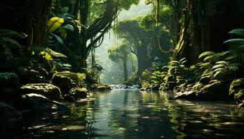 tranquilo escena verde bosque, fluido agua, animales en el salvaje generado por ai foto