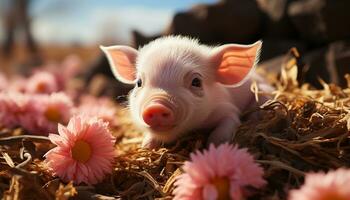 un linda cerdito en el prado, rodeado por rosado flores generado por ai foto