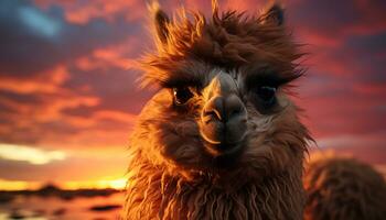 Fluffy alpaca stares at sunset, cute and humorous animal portrait generated by AI photo