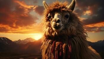 Alpaca grazing on mountain meadow, nature beauty in woolly portrait generated by AI photo