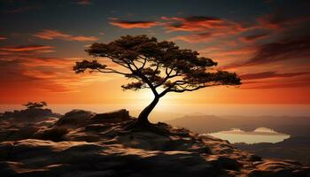 A tranquil scene sunset silhouette, nature beauty in orange generated by AI photo