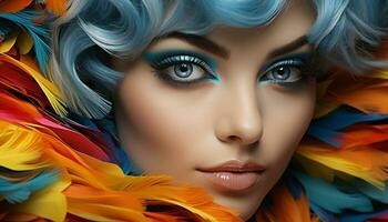 un atractivo joven mujer con vibrante azul pelo y multa Arte maquillaje generado por ai foto