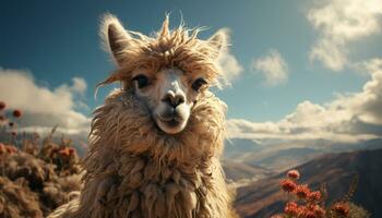 A cute alpaca smiles, its fluffy wool blending with nature generated by AI photo