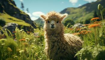 A fluffy alpaca grazes in the meadow, surrounded by mountains generated by AI photo