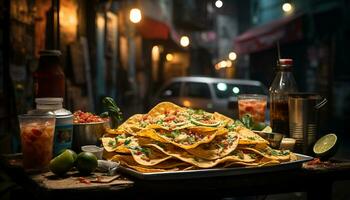 un gastrónomo mexicano comida, Fresco y picante, disfruté al aire libre a noche generado por ai foto