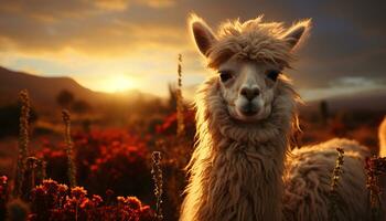 A cute alpaca grazes in the sunset, nature fluffy beauty generated by AI photo