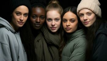 A group of young women smiling, looking at camera, outdoors generated by AI photo