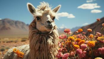 A cute alpaca smiles, looking at camera in the meadow generated by AI photo