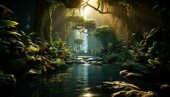 Mysterious tropical rainforest, foggy and spooky, with tranquil dark pond generated by AI photo