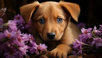 Cute puppy sitting in grass, surrounded by purple flowers generated by AI photo
