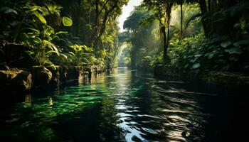 Tranquil scene of a tropical rainforest, with flowing water and green foliage generated by AI photo