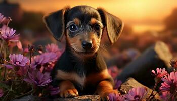 Cute puppy sitting in grass, looking at camera, enjoying nature generated by AI photo