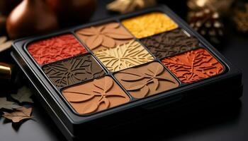 Indulgent gourmet dark chocolate snack, a colorful macro collection of sweetness generated by AI photo