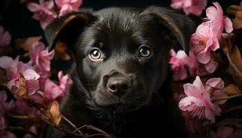 linda perrito sesión, mirando a cámara, rodeado por rosado flores generado por ai foto