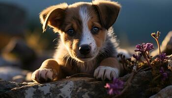 Cute puppy sitting in grass, looking at camera, playful and fluffy generated by AI photo