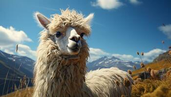 Fluffy alpaca grazing in a beautiful mountain meadow, looking adorable generated by AI photo