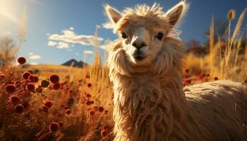 Cute alpaca grazing on a farm, enjoying the beautiful sunset generated by AI photo